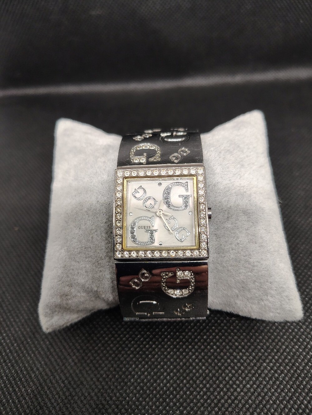 GUESS Women's Silver Crystal-Logo Square Watch